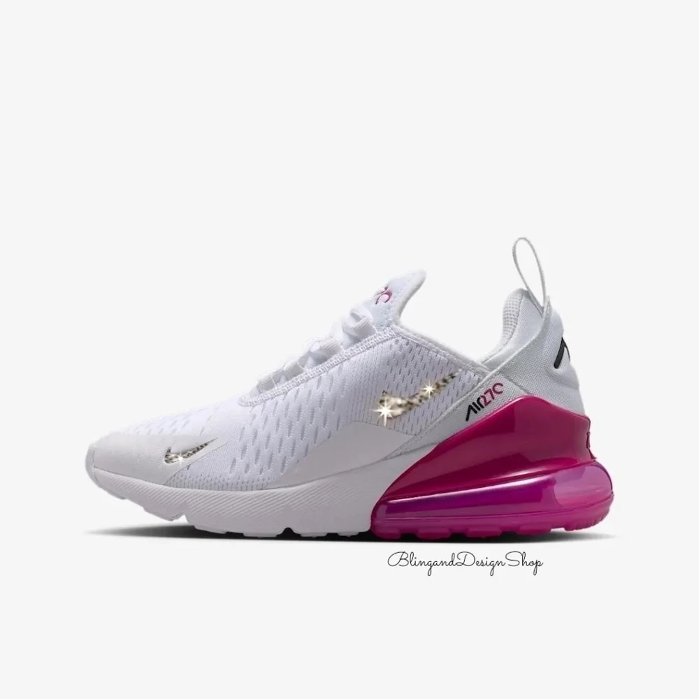 Girls Youth Nike Air Max 270 White Pink Sneakers Custom with Swarovski Crystals